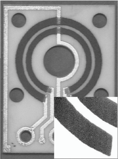 Contact-less magnetoresistive field sensor made of thick LSMO film by using the screen-printing technique. Inset: Detail of the LSMO thick film.